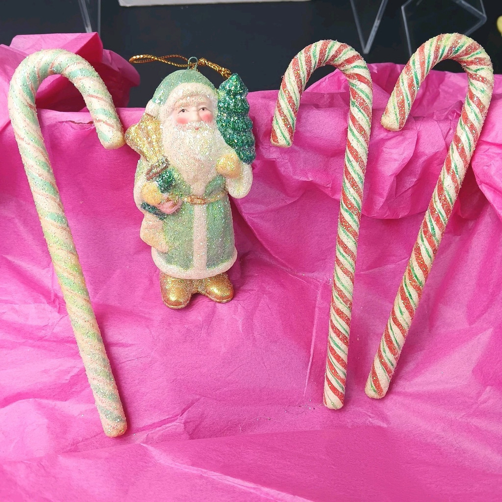 Ceramic Christmas Ornaments 3 Candy Canes 1 Santa Clause Glitter Heavy Ceramics